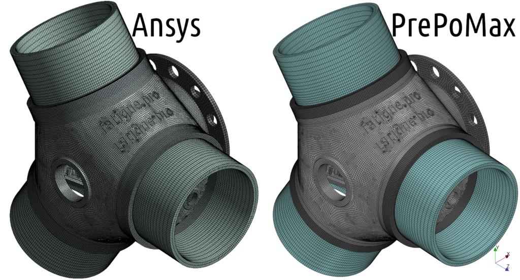 Mesh comparison of wind turbine hub model with hexaeder mesh created in Ansys on the left and the same mesh in PrePoMax on the right side (translated with Gmsh)