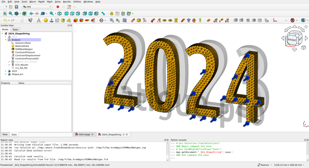2024 as 3D mesh and boundary conditions in FEM workbench in FreeCAD and 2023 as shadow 3D model