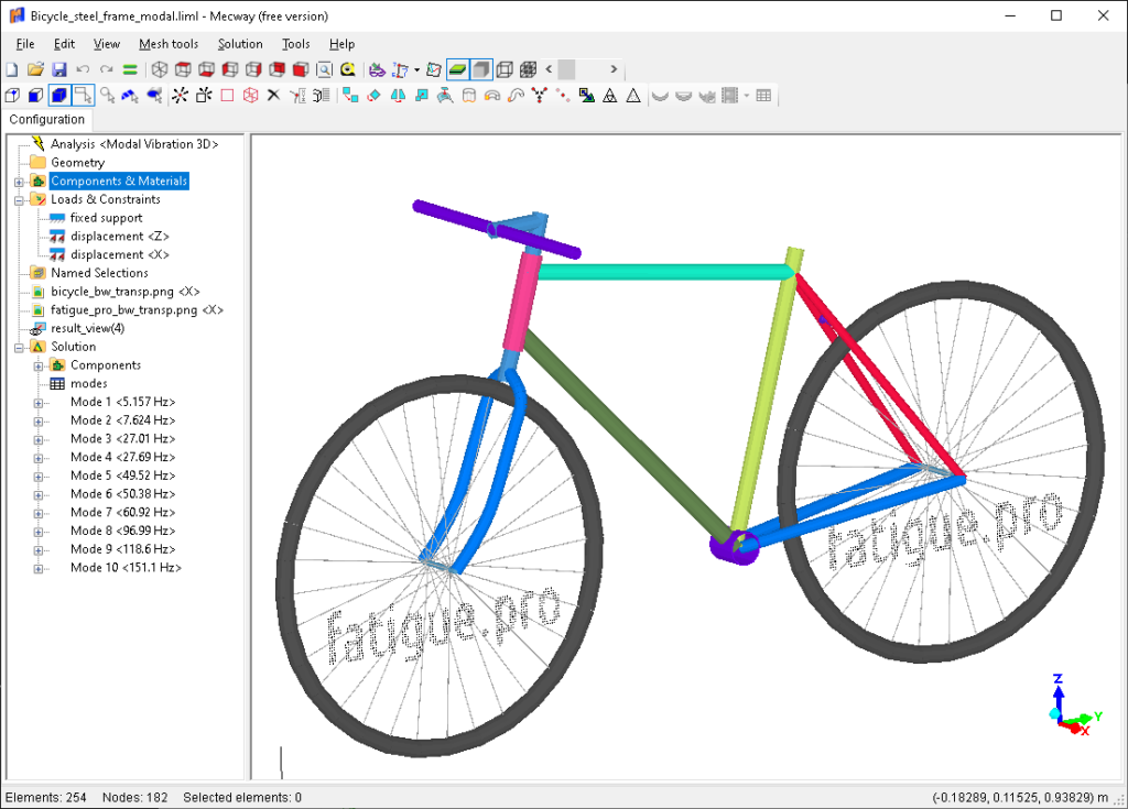 Bicycle steel frame modeled with beam elements in Mecway